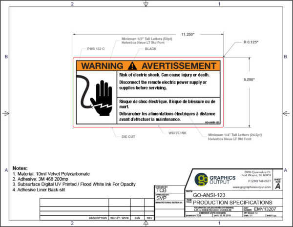 Engineer Print with Specifications for Printed Warning Label Decal