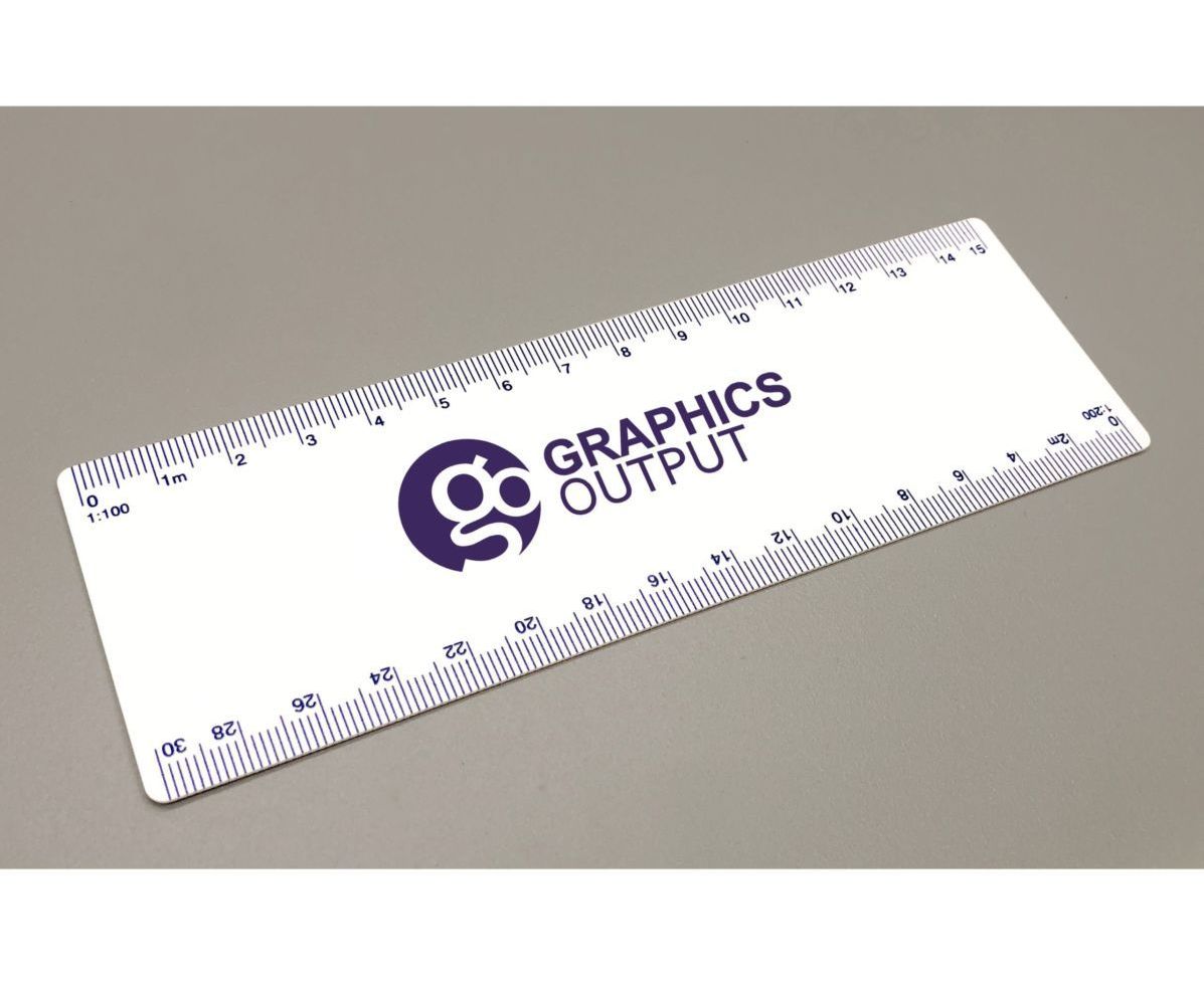 6 in white plastic ruler with brand logo printed in center