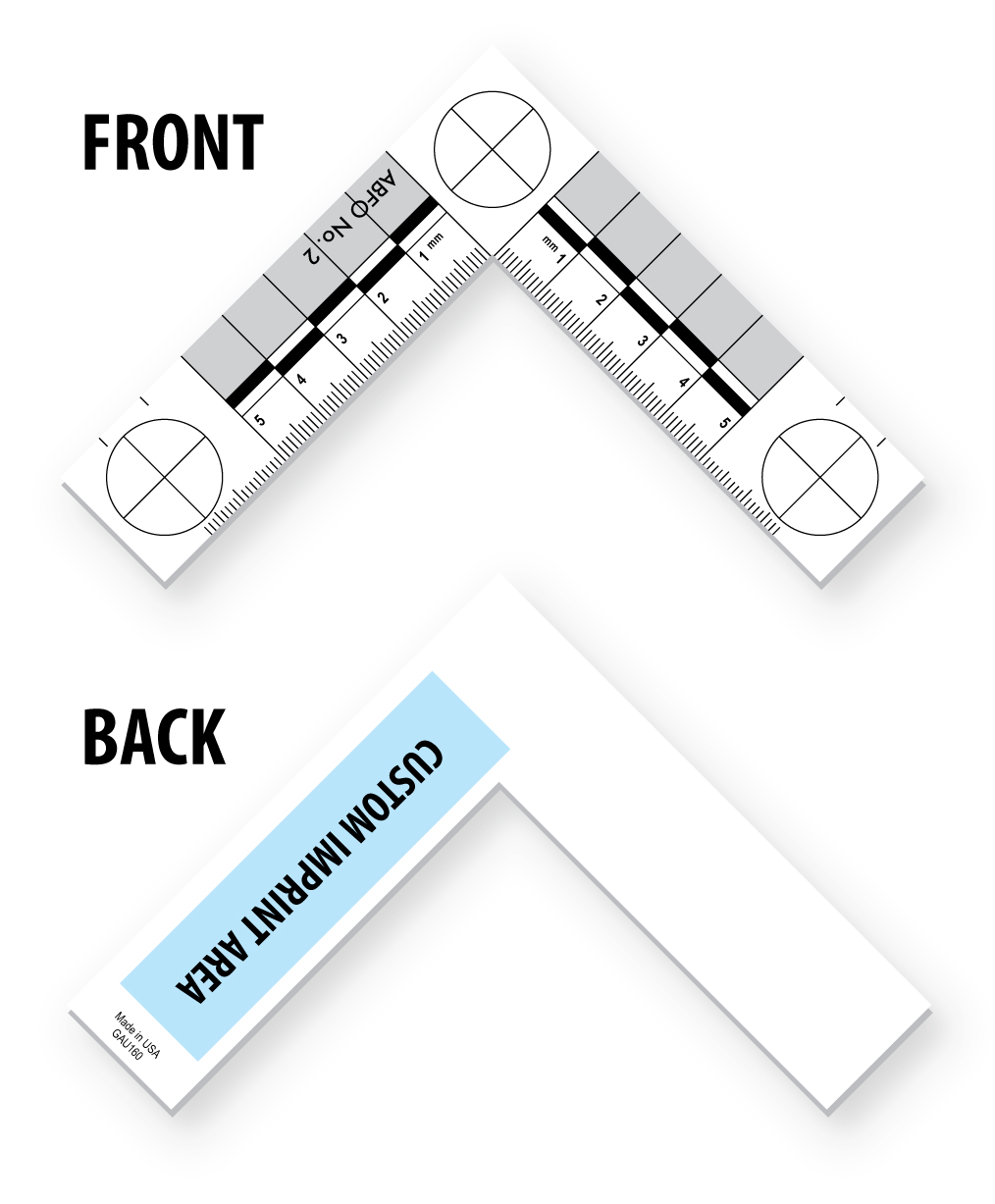 Front and back of customizable NO. 2 Photomacrographic Ruler, including available imprint area