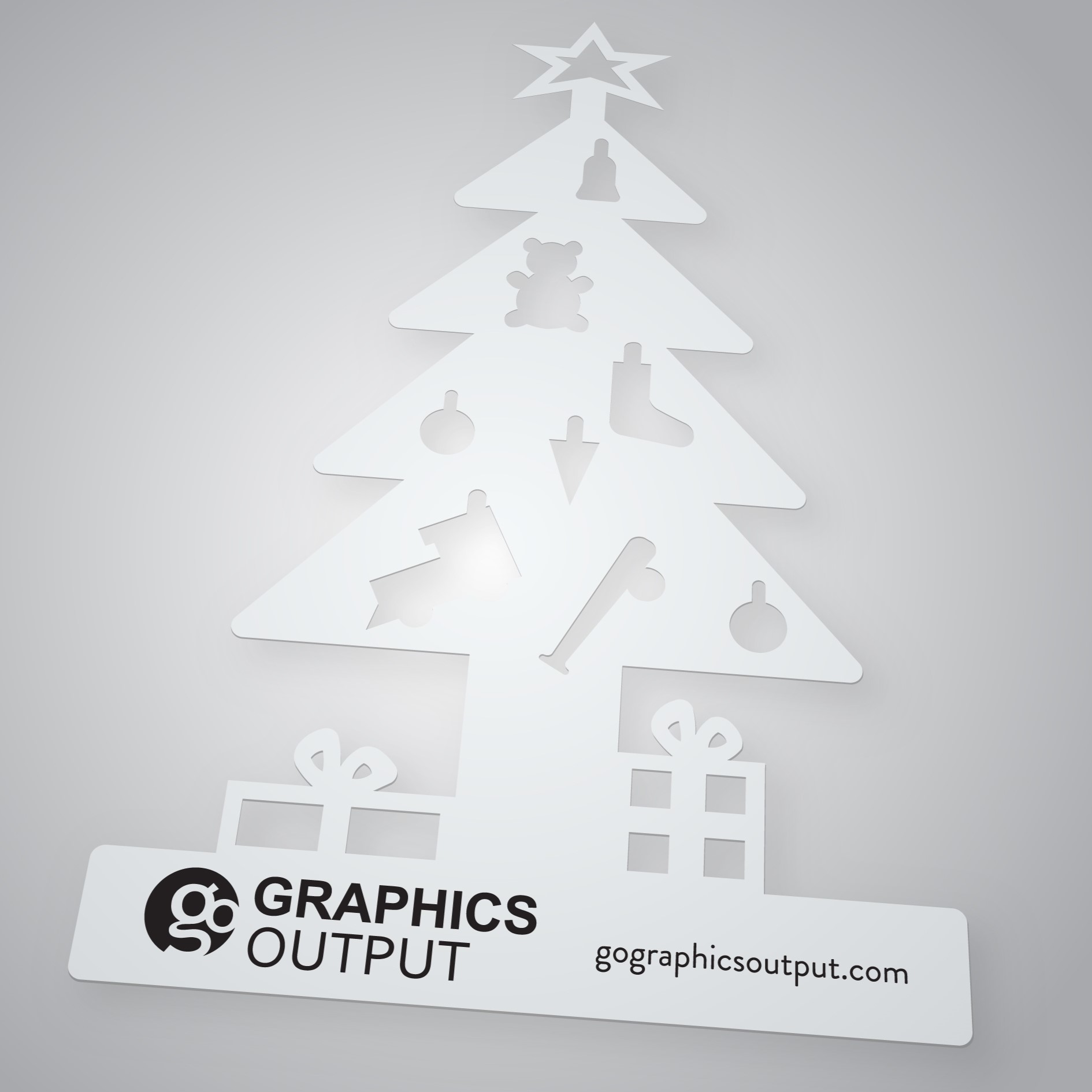Custom-branded Christmas tree stencil with logo and contact info