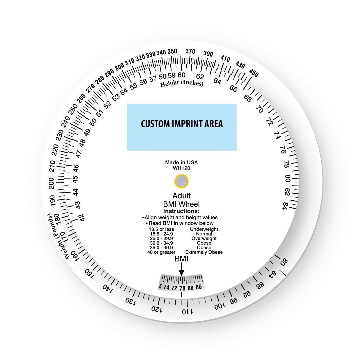 Custom Imprintable White Plastic BMI Wheel used to calculate body mass index