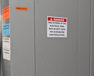 OSHA Electrical Panel with inspection labels, voltage label, and Danger keep clear for 36in safety label